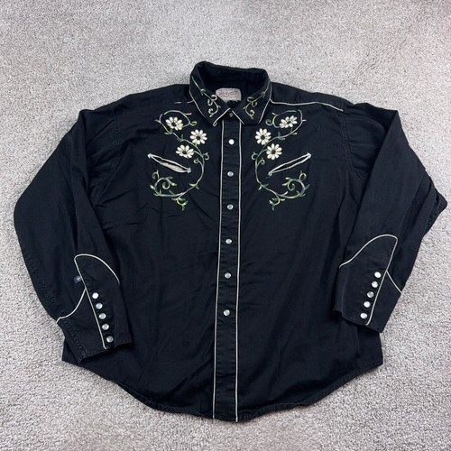 Rockmount Ranch Wear Shirt Men Large Black Western Smiley Pearl Snap Embroidered