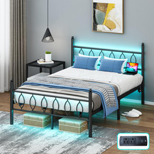 Full Size Bed Frame with Headboard, LED Lights  Charging Station, 12 Storage