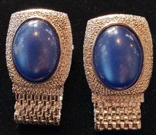 Vintage Swank Silver Tone Blue Cabochon Metal Mesh Wrap Cuff links