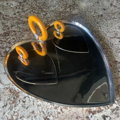 Chase Brass Copper Valentine Serving Set, Ca. 1935, Chromed Metal and Bakelit
