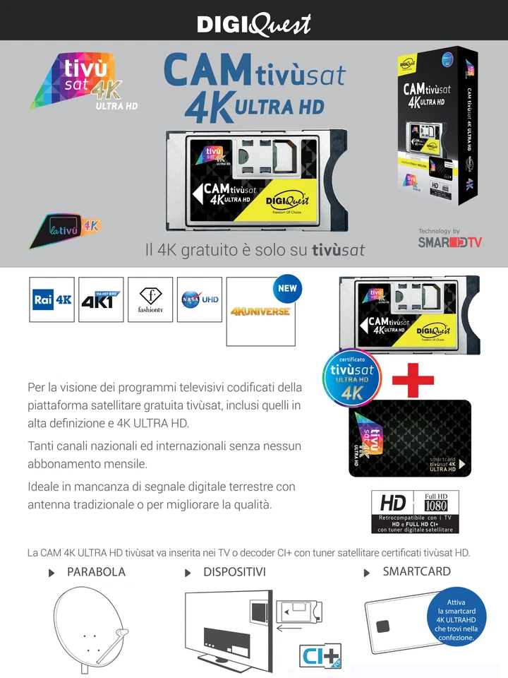 CAM TIVUSAT DIGIQUEST 4K ULTRA HD MODULO SMARTCAM CERTIFICATA CI+EPC CON TESSERA - Immagine 3 di 3