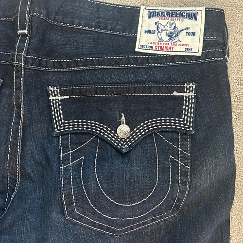 Jeans uomo nuovo TRUE RELIGION gamba dritta denim scuro top cucito TG 42