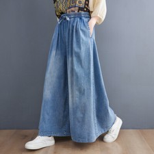 Lady Denim Culottes Jeans Loose Casual Flared Wide Leg High Waist Pants Trousers