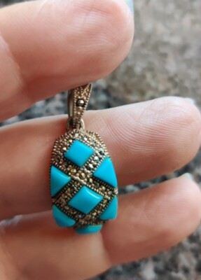 MARCASITE SIMULATED TURQUOISE .925 STERLING SILVER PENDANT Cool Shape!