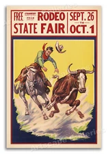 1930s Cowboy Rodeo Poster - State Fair Steer Wrestling - 16x24