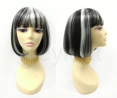 Pageboy Short Bob Wig Black White Streaks Straight Bangs Anime