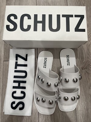 Schutz Lizzie Crystal Slides Sandals White Sz
