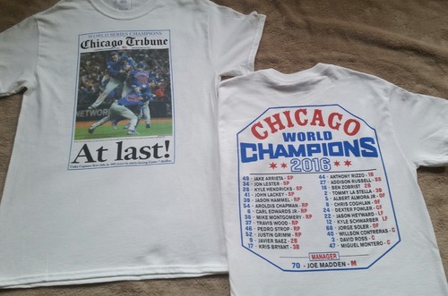 New Chicago Cubs World Series Champions Chicago Tribune Newspaper Shirt w Roster - Picture 5 of 6
