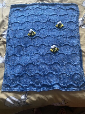 Baby's Cot Blanket Honeycomb Detail With Bees- Hand Knitted