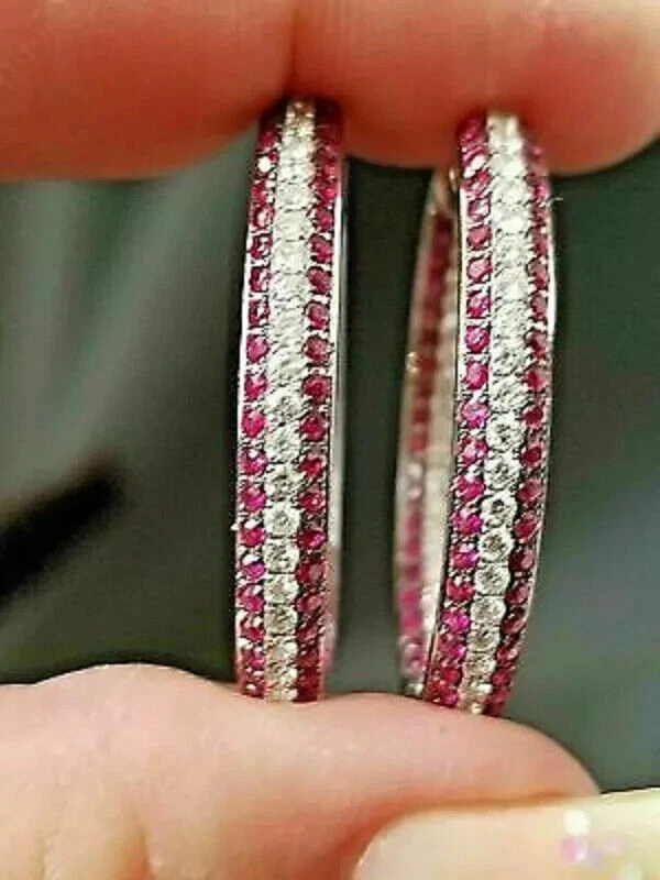 4Ct Round Cut Created Red Ruby Diamond Hoop Women Earring 14K White Gold Plated - Image 2 of 3