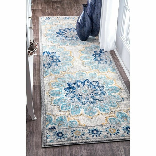 nuLOOM Contemporary Modern Floral Medallion Area Rug in Blue, Grey, Off