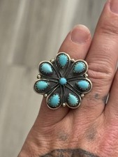 STERLING SILVER NATIVE AMERICAN KINGMAN TURQUOISE CLUSTER STATEMENT RING SZ 7.5