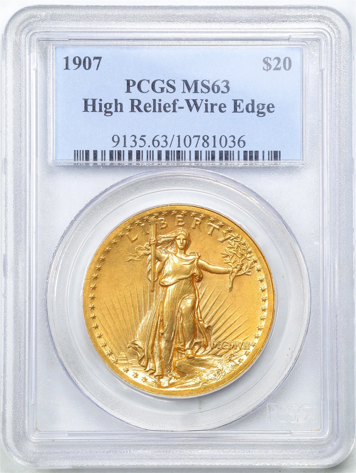 1907 G$20 St-Gaudens Gold Double Eagle MS63 PCGS 10781036 High Relief Wire Edge