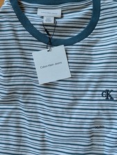 Image of Calvin Klein T-Shirt Short Sleeve Crew Neck Striped Logo 100% Cotton XL 29"x24"