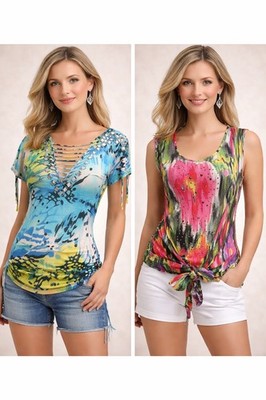 Alberto Makali Tops Prints Blue Pink Yellow Green 2pc + Gift Earrings Bundle