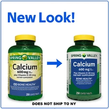 Spring Valley Calcium 600mg with Vitamin D 20mcg Dietary Supplement 250 Count