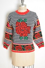vintage 80s sweater red roses floral jumper top shirt black houndstooth XS S