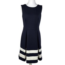 Calvin Klein Sleeveless Fit Flare Dress Womens 6 Colorblock Navy Blue White 