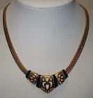 Vintage Gold Tone Cobalt Blue Cutouts Costume Jewelry Choker Bib Necklace Chain