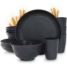 12pcs Plastic Wheat Straw Dinnerware Sets, Wheat Straw Plates and Bowls Sets ...