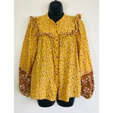 Cottage Western Top Blouse Joie Womens Large Yellow Floral Puff Sleeve Boho Trad