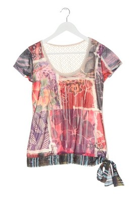 DESIGUAL Blusenshirt Damen Bluse Gr. DE 38 rot-wollweiß-lila Casual-Look