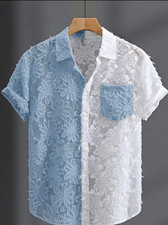 Damen Bluse L Kurzarm Spitze blau/weiß Blume...