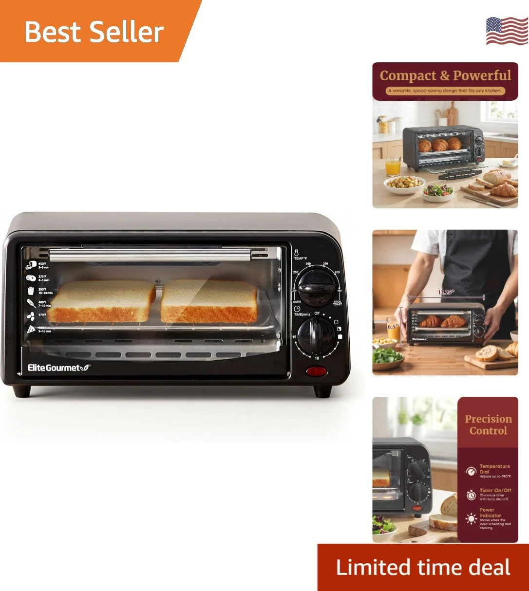 Space-Saving Black Toaster Oven - 650 Watt, 15 Min Timer & Broiling Capabilities