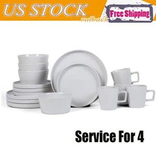 Stoneware Dinnerware Set Plates Bowls Dish Set 16-PCS Service For 4 White Glossy