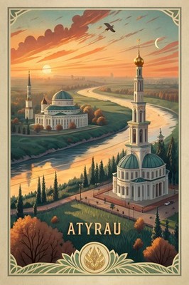 Atyrau Kasachstan - Majestätischer Uralfluss & Ölfelder Vintage Reiseposter_mehrD