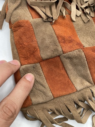 VINTAGE 70S Orange Brown Patchwork Suede Boho Drawstring Bag Fringe Hippie - Picture 7 of 13