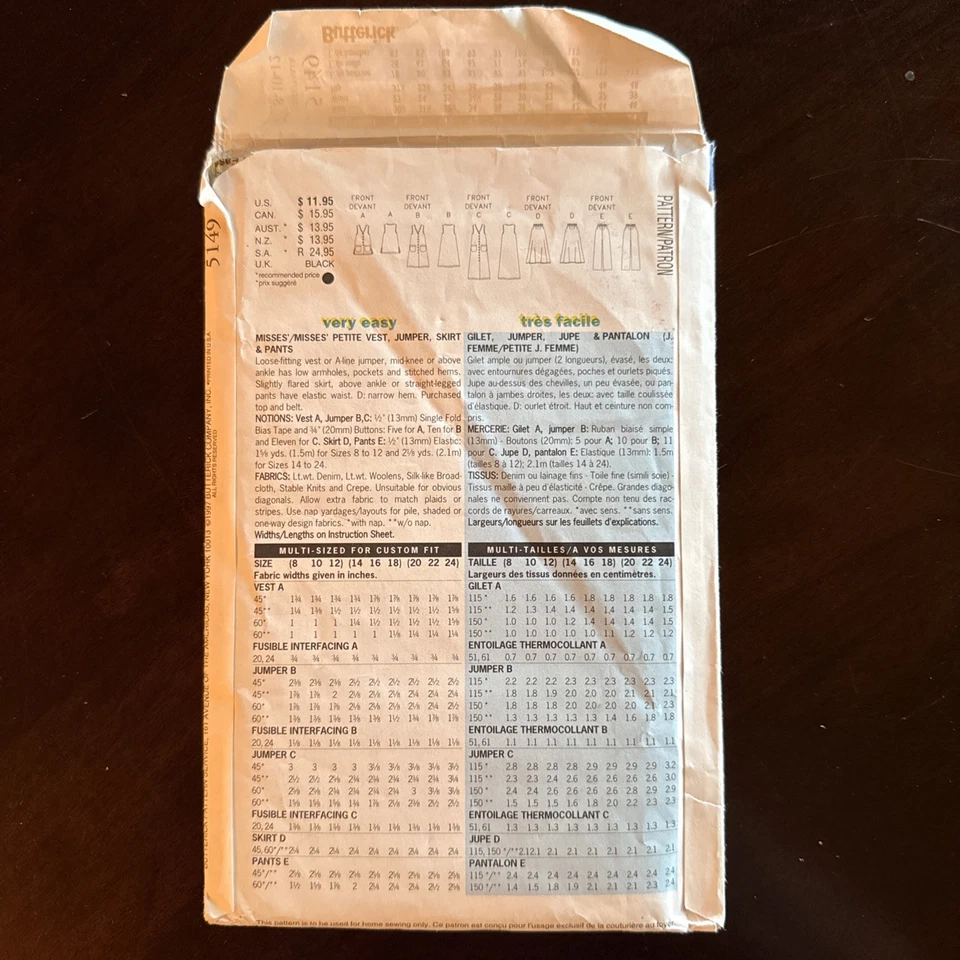 UNCUT Butterick 5149 Misses' Vest Jumper Skirt Pants Pattern Sz 8-10-12 - Image 2 of 3