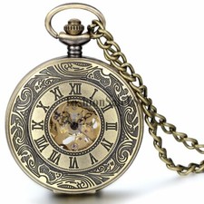 Vintage Roman Numerals Dial Skeleton Automatic Mechanical Pocket Watch Chain New