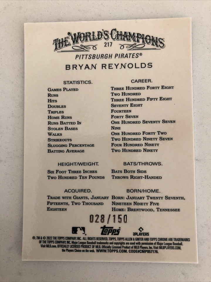 2022 Topps ALLEN & GINTER CHROME BRYAN REYNOLDS BLUE REFRACTOR /150 #217 - Image 2 of 2