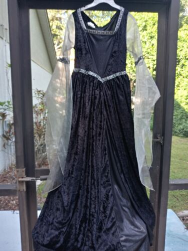 Costume da fanciulla rinascimentale S/M adulto medievale nero argento abito Halloween  - Foto 1 di 6