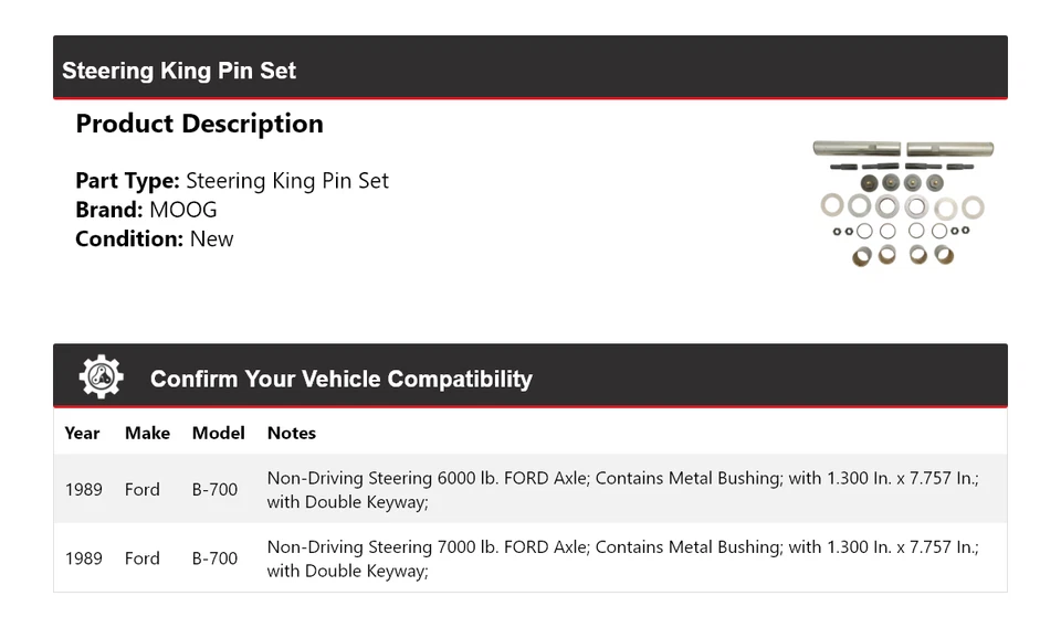 Juego de pasadores de dirección para Ford B-700 1989 MOOG Foto 2 de 3