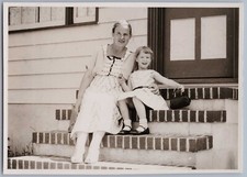 Mother & Daughter Wearing Dresses &Sitting on Brick Steps Germany 1950s BW Photo