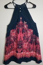 Intimately by Free People Shea Printed Crochet Navy & Pink Swing Dress Size S