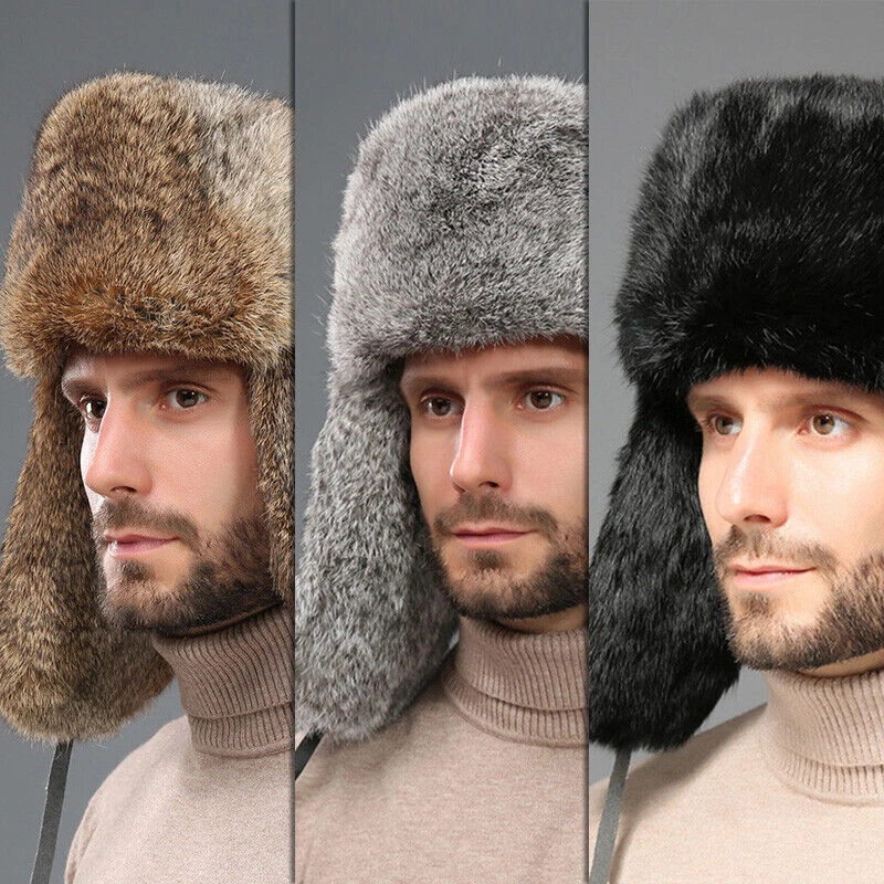  Sombrero de piel de conejo genuino real de invierno para hombre Rusia trampero oreja gorra de esquí Ushanka Foto 2 de 4