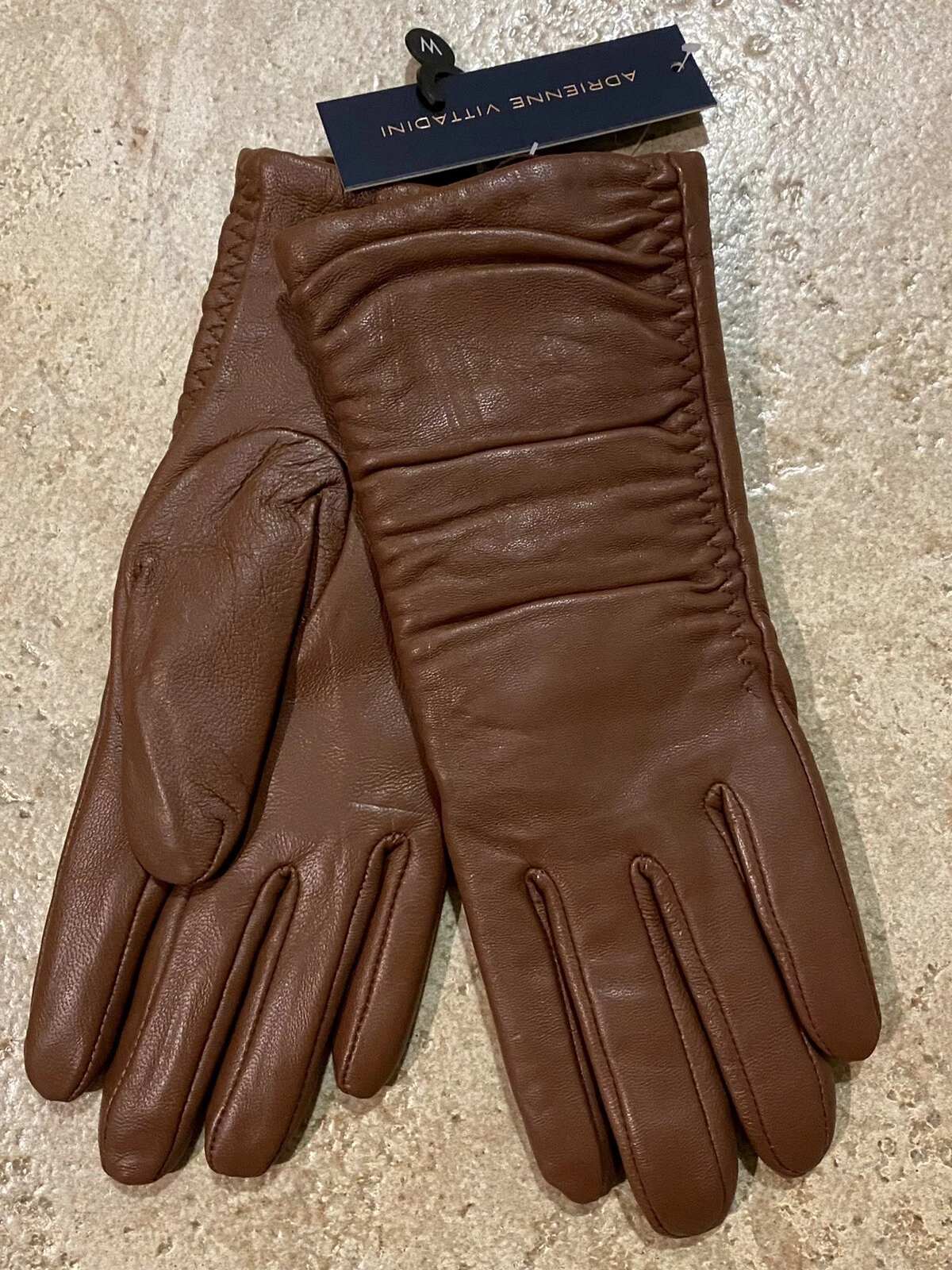 NEW ADRIENNE VITTADINI M LEATHER GLOVES MICROPILE LINING RUCHED BROWN WOMEN $78