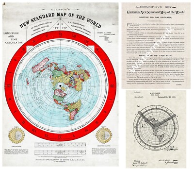 Flat Earth Map + Patent + Verso Key Alexander Gleason's 1892 Standard World Map