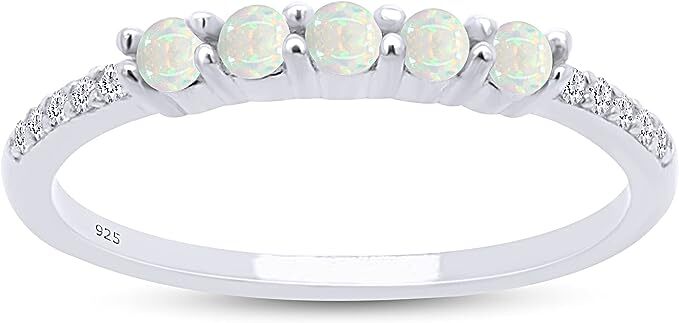 Five Stone Stackable Ring Round Created Opal & Cubic Zirconia Sterling Silver