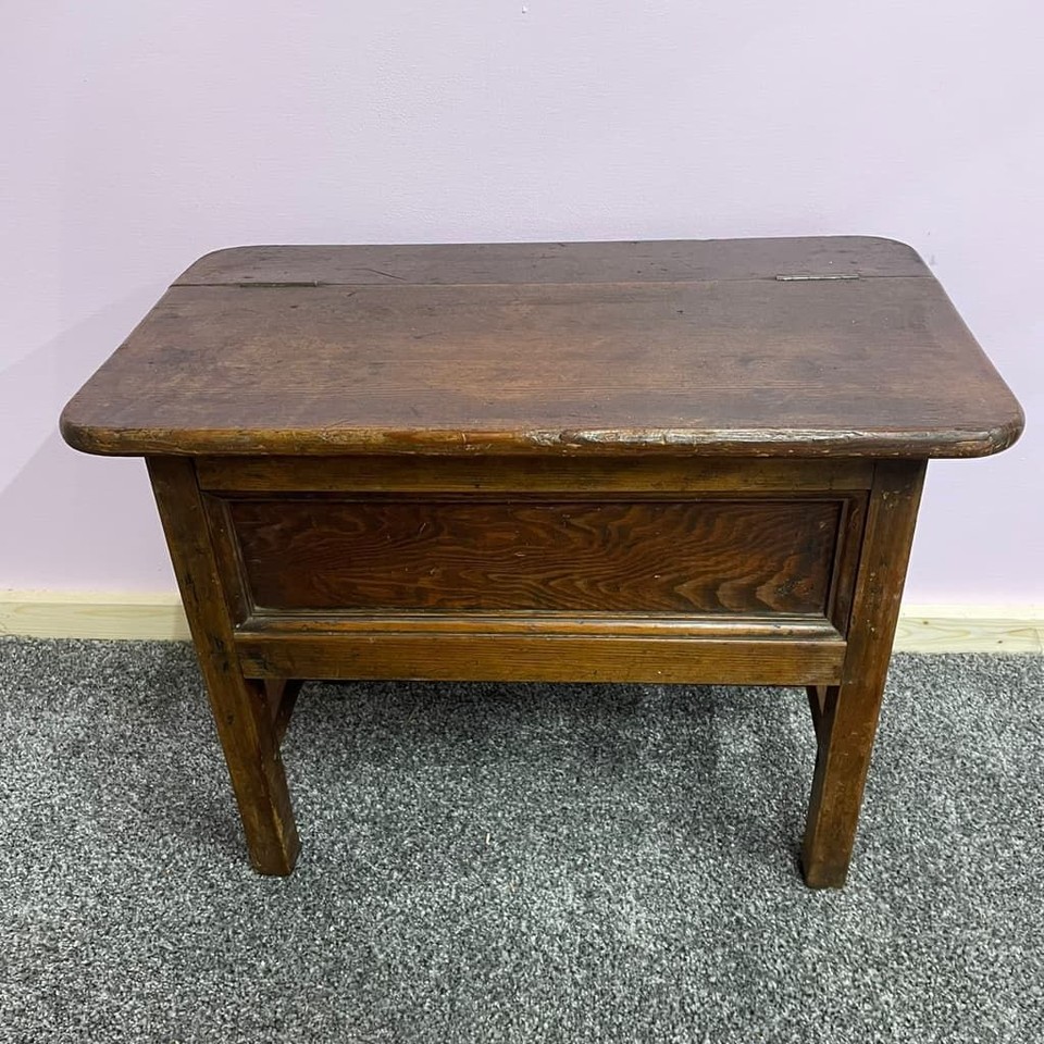 Antique Small Wooden Work Box Stool With Hinged Lid Tool Tray Side End