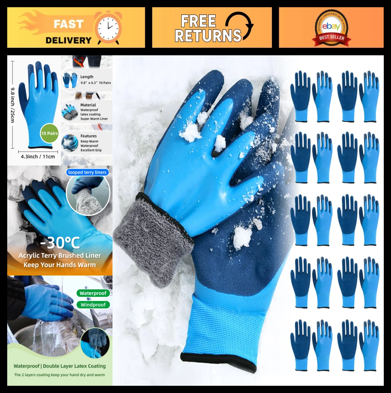 10 Pairs Waterproof Winter Work Gloves - Cold Weather, Freezer & Garden Use
Opens in a new window or