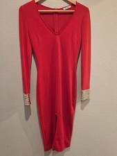 XTaren Red Bodycon Dress Small Long Sleeve Jeweled Cuffs Glam