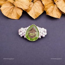 925 Sterling Silver Pear Cut Peridot Gemstone August Birth Boho Statement Ring