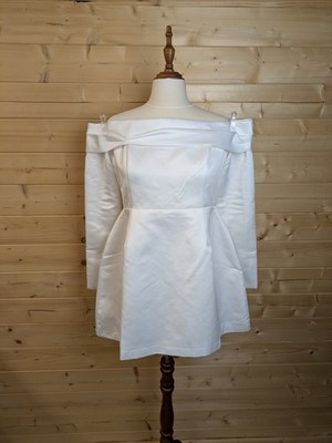 Oddmuse White Satin Heavy Lined Structured Bardot Dress UK 12/14 Large