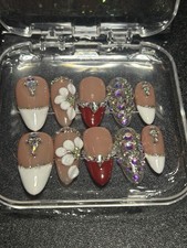 White Red 3D Flower Rhinestone Almond Press-On Nails Set, SIZE L