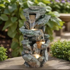 4-Tier Rock Floor Fountain with Cascading Water & LED Lights, Water Fountain...