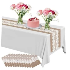  Pack Plastic Table Runner 14 x 108 Inch Natural Burlap Printed 6 Lace